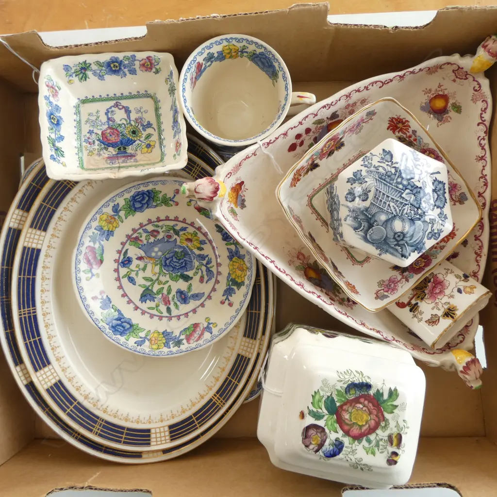 GROUP OF CHINA INCL. MASONS IRONSTONE (DISHES, CUP & SAUCER, LIDDED BOXES) PLUS TWO CROWN DEVON DISHES (11 TOTAL) A/F) Image 1++