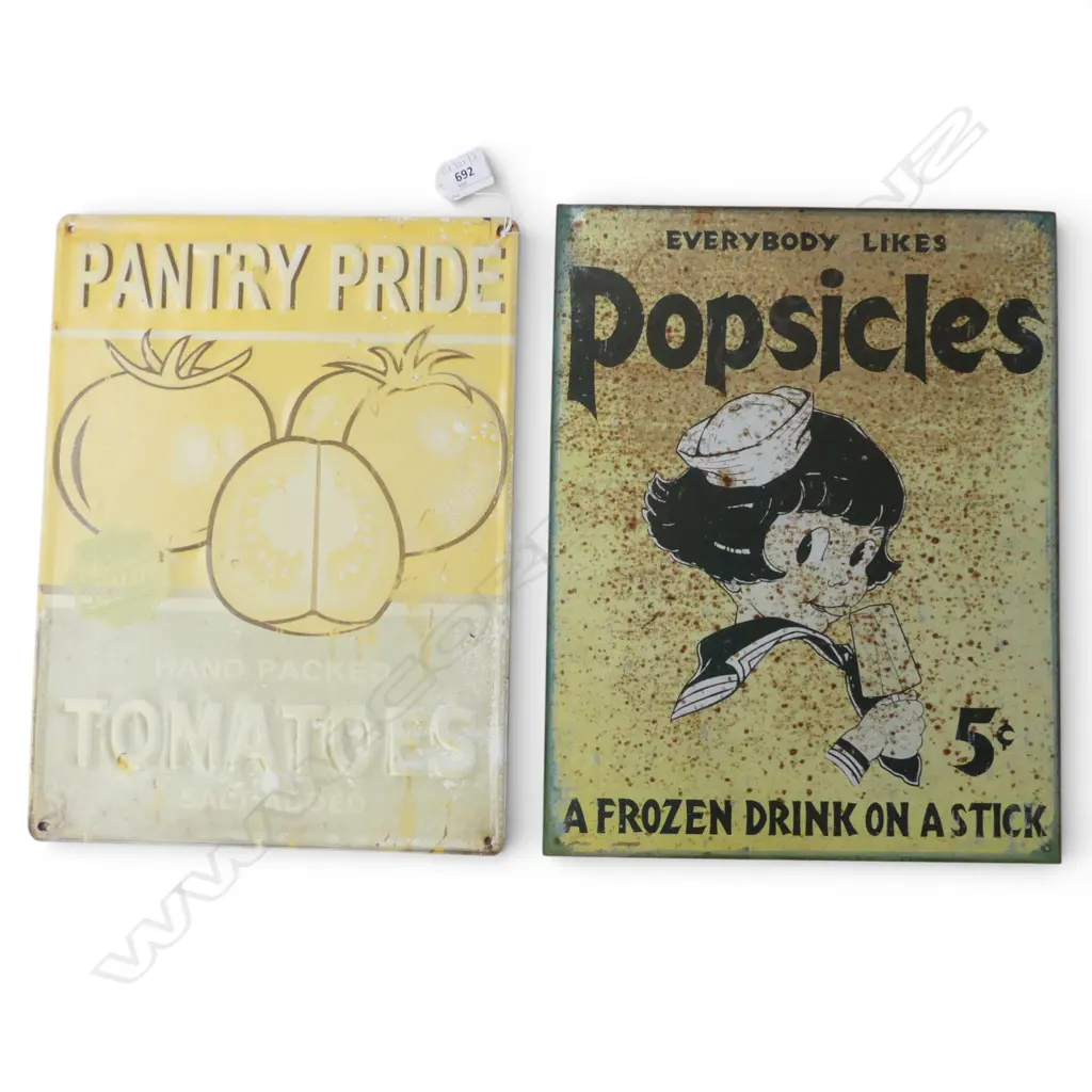 2 VINTAGE STYLE METAL ADVERTISEMENTS 400x300mm 'PANTRY PRIDE TOMATOES / POPSICLES' Image 1++