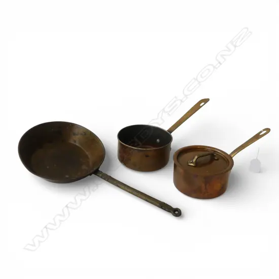 3 COPPER PANS; 1 LIDDED