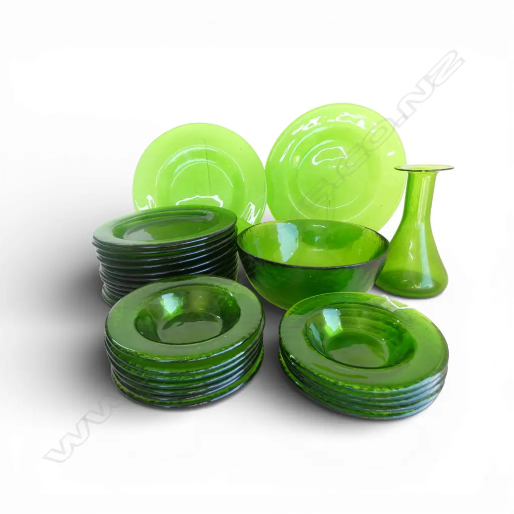'FINLAND' GREEN GLASS SET: 2 LGE PLATTERS + 12 PLATES + 12 BOWLS + LGE BOWL + hand blown carafe. Etched mark  Image 1++