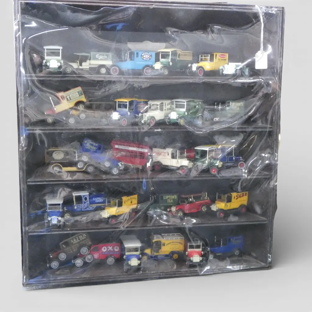 30 VINTAGE TRUCKS (MODELS OF YESTERYEAR) IN DISPLAY SHELVES 550x520mm Image 1++