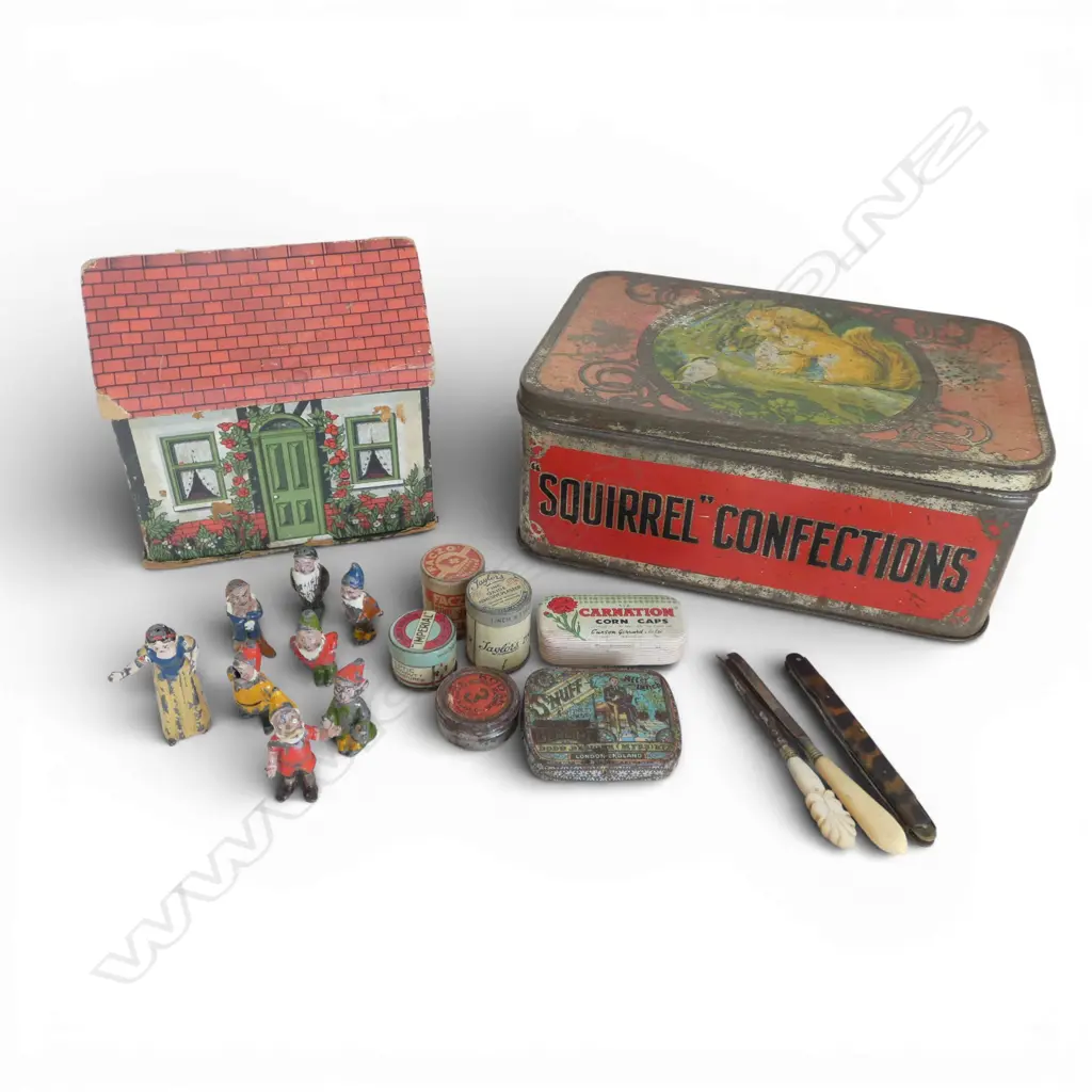 ASST VINTAGE; CHOC BOXES, MINIATURE SNOW WHT/7 DWARFS FIGS & CABINET CONTENTS IVORY, MOP & T.SHELL Image 1++