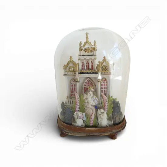 VINTAGE FRENCH PILGRIM decorative scene in glass dome, faults, H.250mm