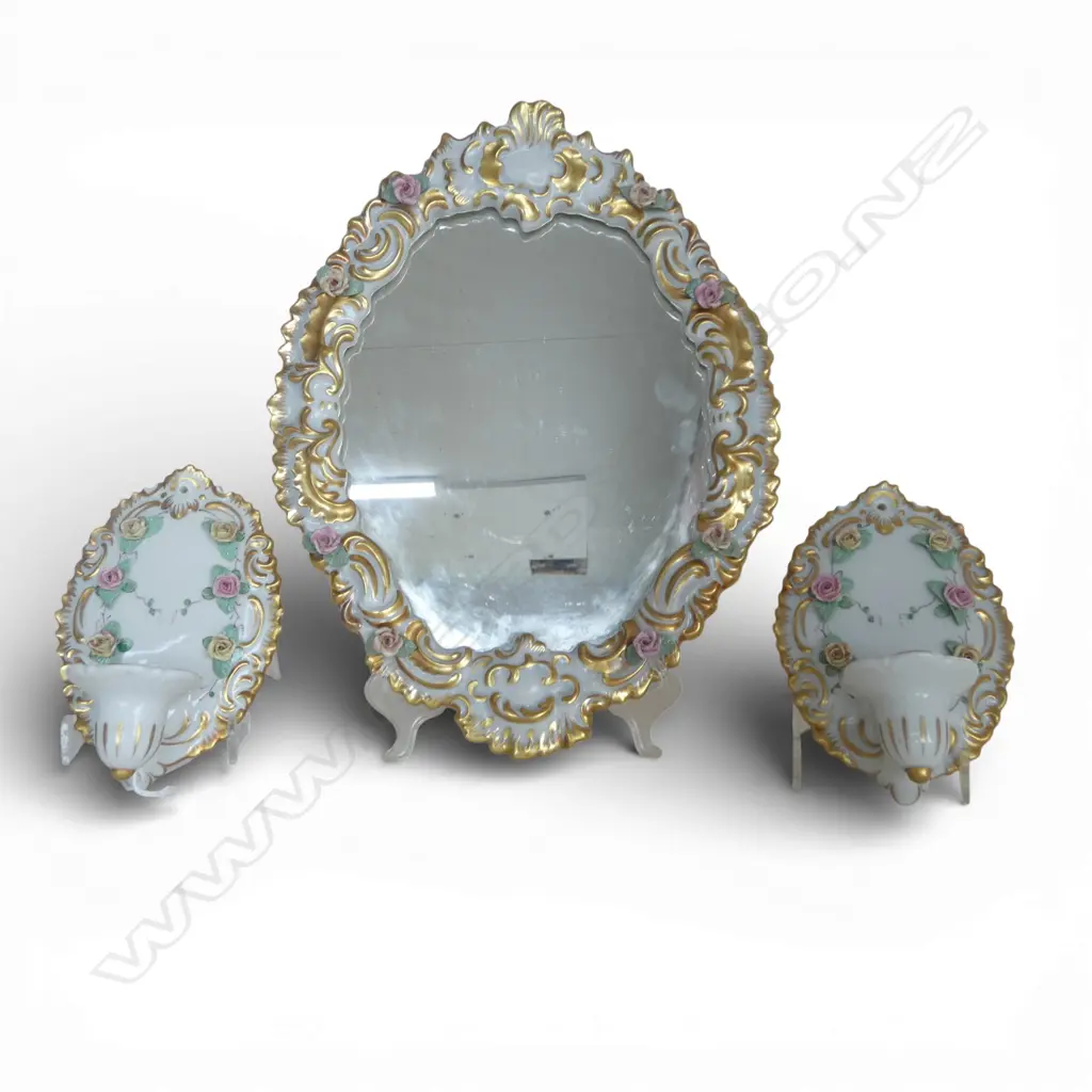 DRESDON CHINA FRAMED WALL MIRROR H340 & PR DRESDON CANDLE WALL SCONCES H160MM Image 1++