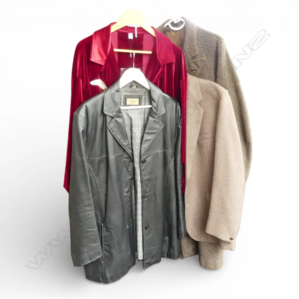 4 COATS; RED VELVET, 2 MENS GREY WOOL, BLACK LEATHER SIZE 3X Image 1++