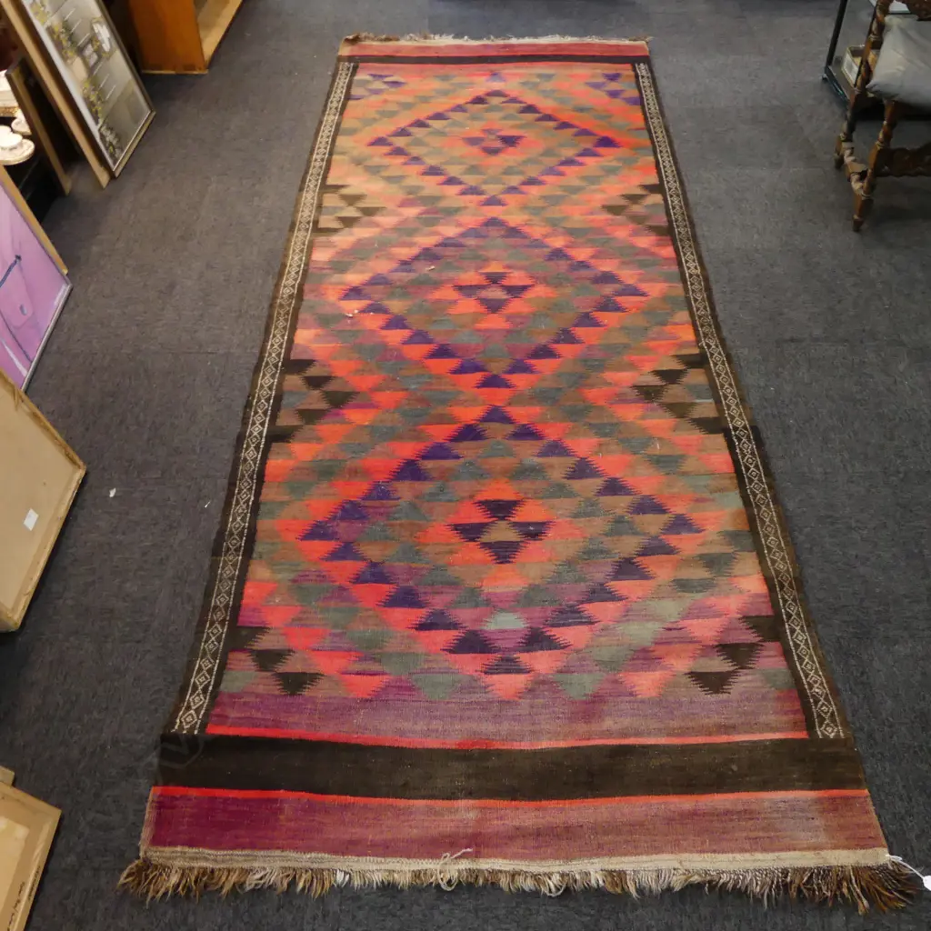 Large Hand woven Kelim 3 geometric diamond medallion rug red & blue tones minor faults 3770 x 1390mm Image 1++