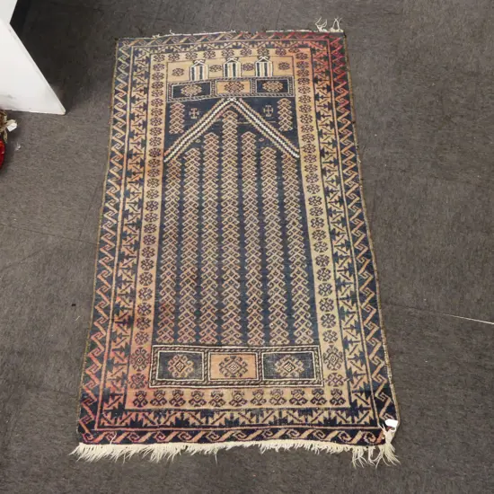 Persian hand knotted prayer rug indigo & red soft faded tones. No fringe 1 end. 1550 x 930mm