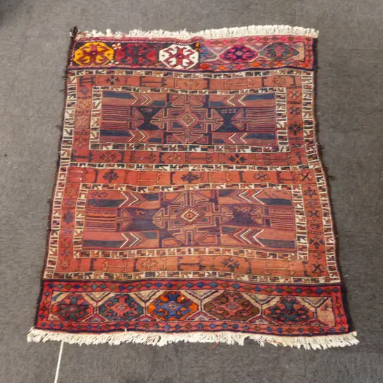 Mixed weave tribal Persian rug with pile fringes geometric Kelim main body 1550 x 1330mm