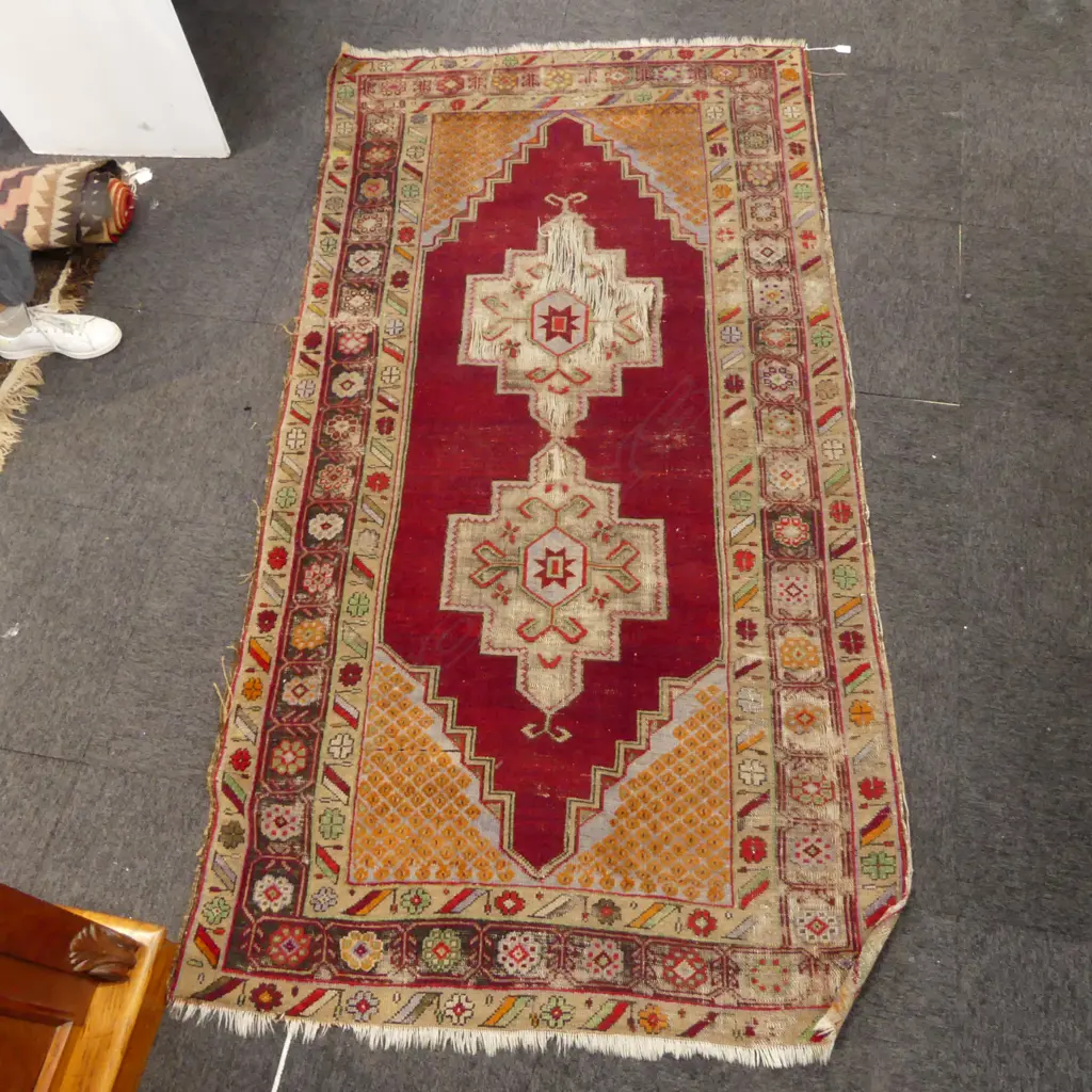 HAND KNOTTED ALL WOOL RUG, HEAVILY WORN 2300x1200mm Image 1++