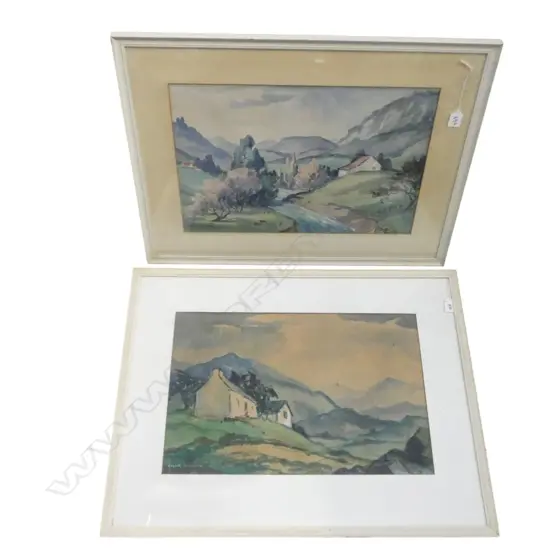 GWYNETH RICHARDSON, 'IN WALES' W/C 350x525 + COUNTRY LANDSCAPE w. RIVER W/C 355x505mm