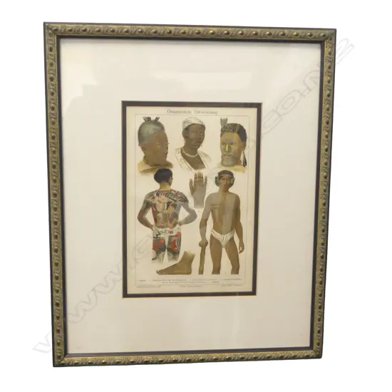 FRAMED CHROMOLITHOGRAPH 'Ornamentale Taowierung' of various tattoos 220 x 150mm Maori + Japanese etc. Framed 