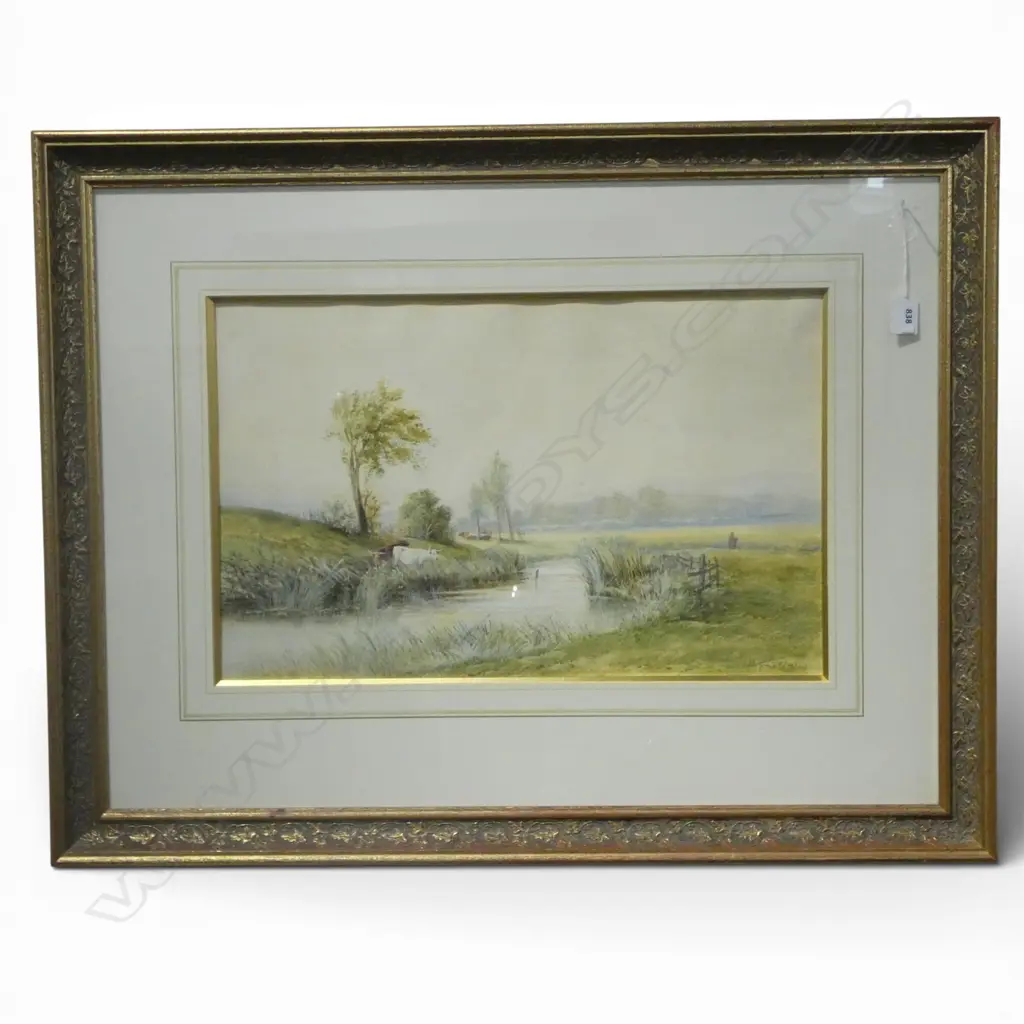 Winborne ? 19thC ENGLISH WATERCOLOUR RURAL RIVER LANSCAPE WITH CATTLE 320 x 520mm Image 1++