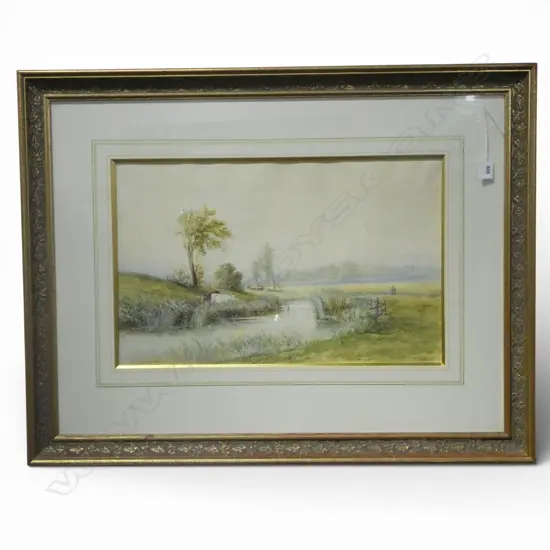 Winborne ? 19thC ENGLISH WATERCOLOUR RURAL RIVER LANSCAPE WITH CATTLE 320 x 520mm