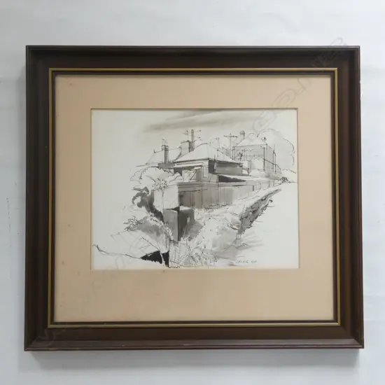 SIGNED LEVER OLD HOUSES IN INNER AUCKLAND 1954 PEN AND INK 270 X 340mm