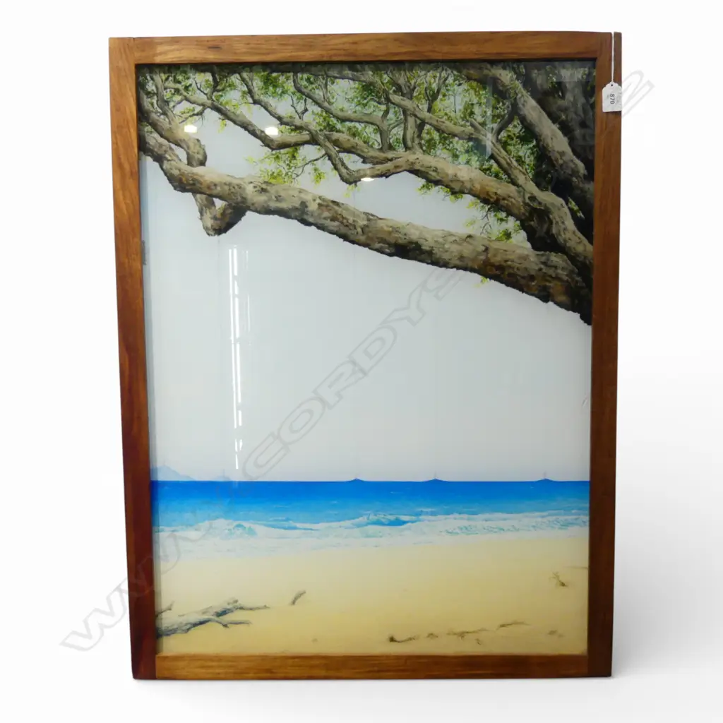 ALAN WATERS, BEACH PRINT ON BLUE SAPPHIRE GLASS 790x590mm Image 1++