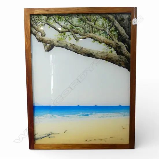 ALAN WATERS, BEACH PRINT ON BLUE SAPPHIRE GLASS 790x590mm