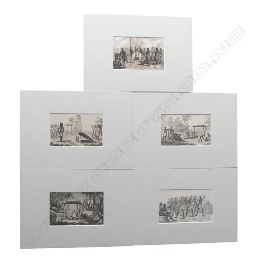 5 c1830's ENGRAVINGS HAWAII ETC by Webber for Capt. Cooks voyages 85 x 140mm approx. each matted