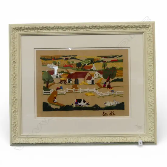 FRAMED EMBROIDERY RURAL LANDSCAPE 425x590mm