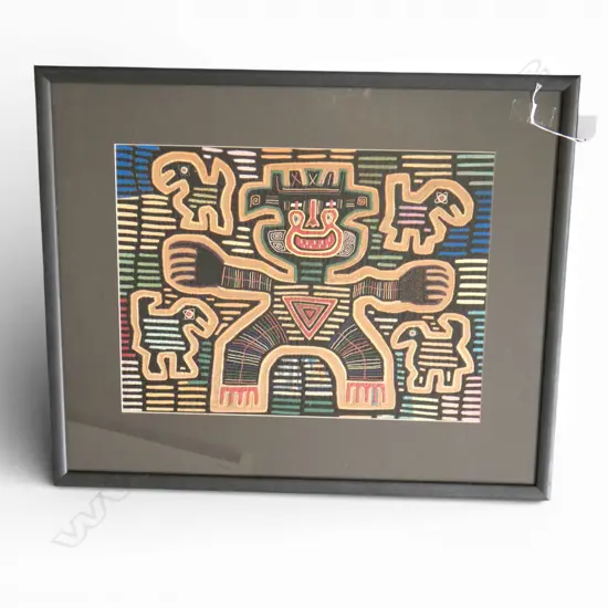FRAMED EMROIDERY; ABSTRACT TRIBAL FIGURE 345x460mm