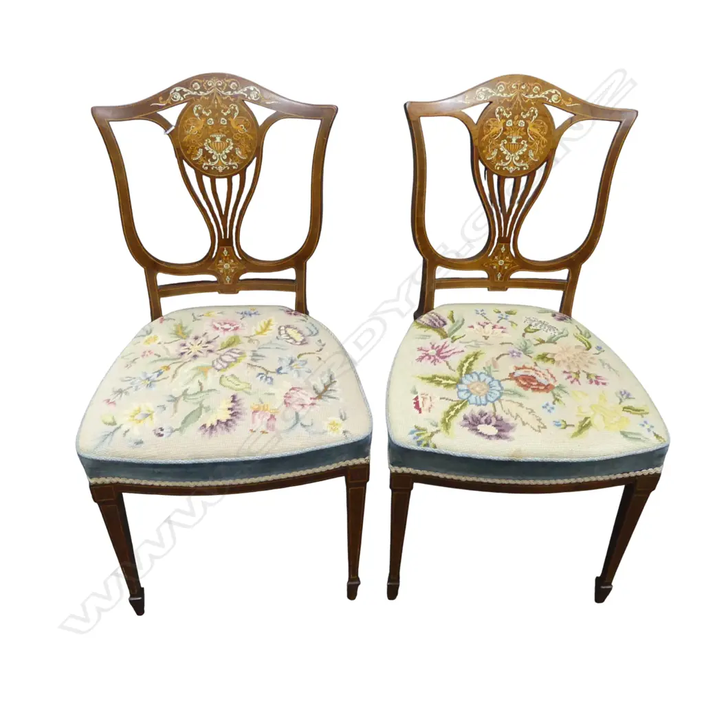 PR ANTIQUE INLAID DINING CHAIRS w. NEEDLEWORK SEATS Image 1++