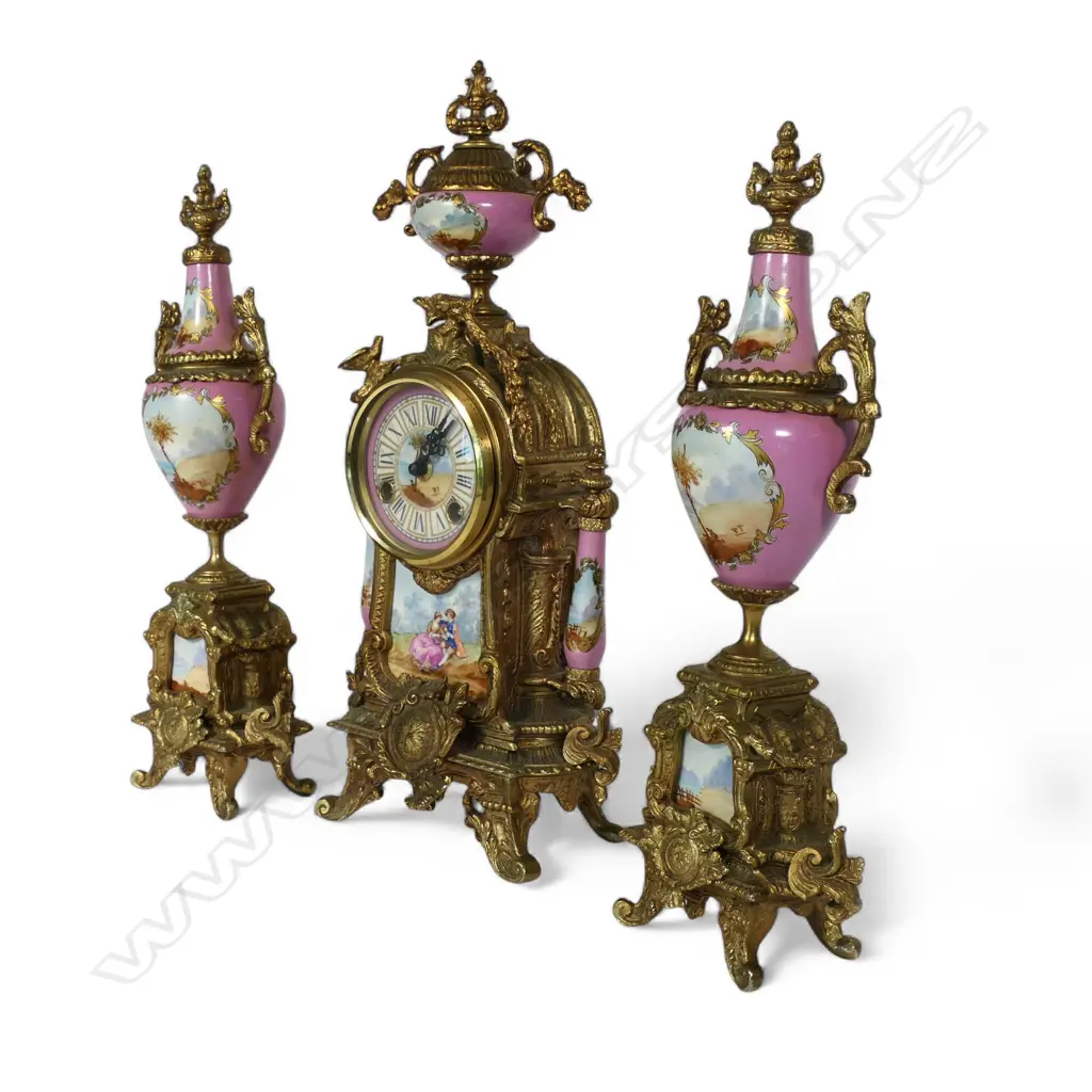 A French antique style 20thC three-piece clock garniture set, Image 1++