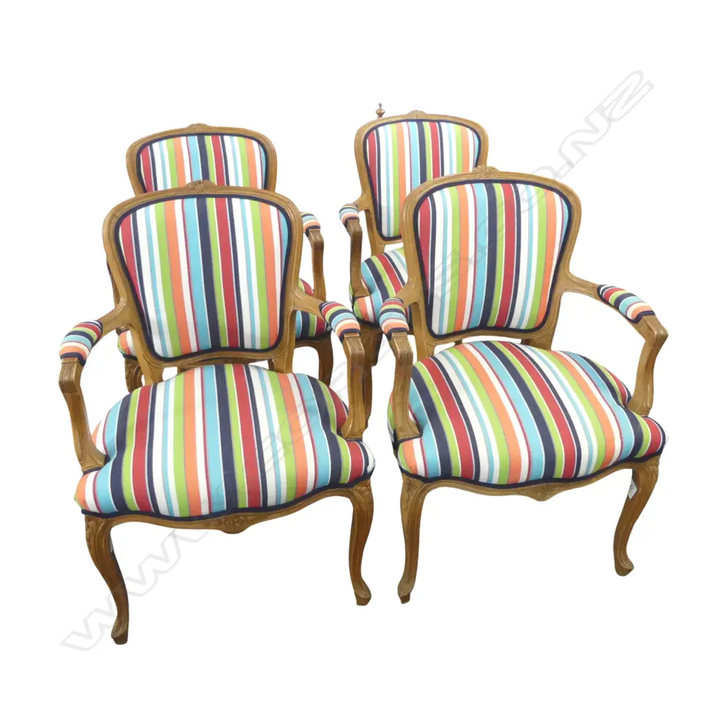 4 FRENCH STYLE BERGERE ARMCHAIRS BY KANDYA MEREDEW IN NON-FADE STRIPED SUNBRELLA FABRIC Image 1++
