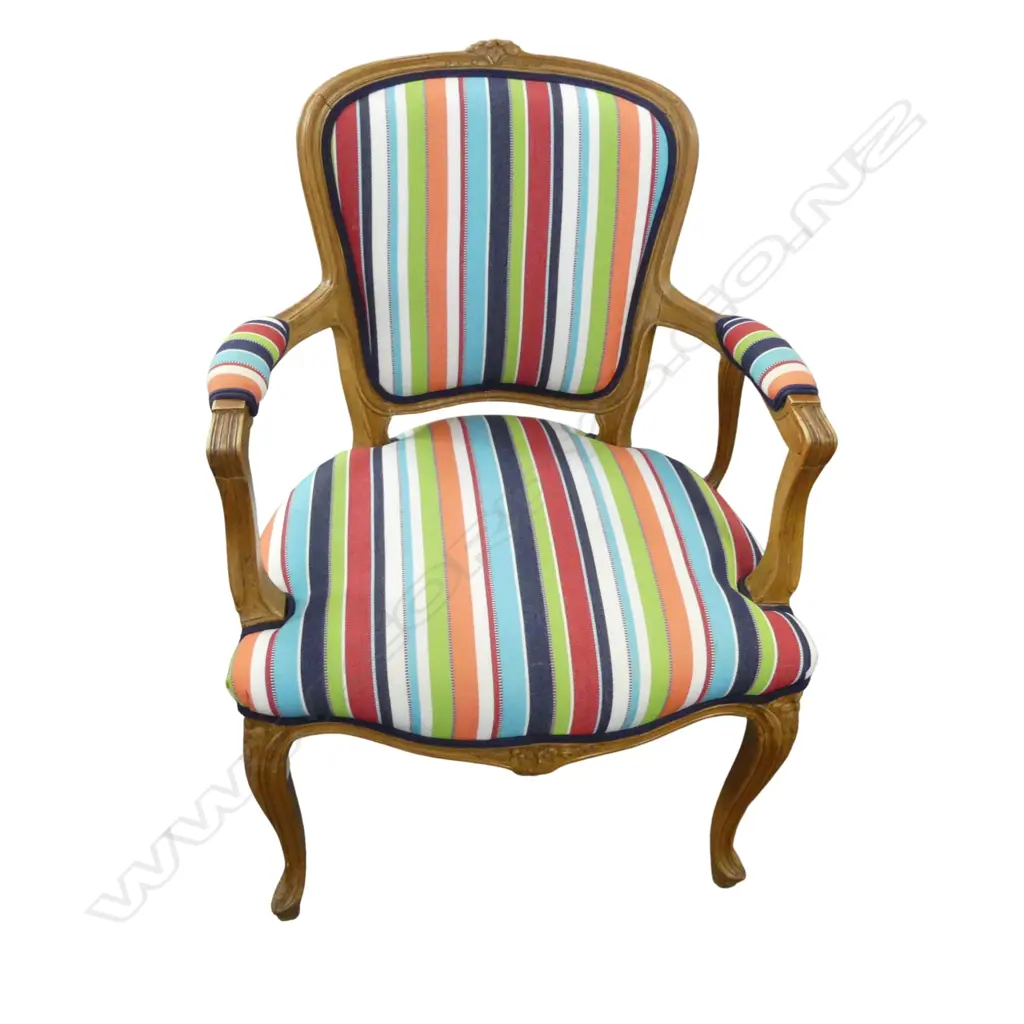 4 FRENCH STYLE BERGERE ARMCHAIRS BY KANDYA MEREDEW IN NON-FADE STRIPED SUNBRELLA FABRIC Image 1++