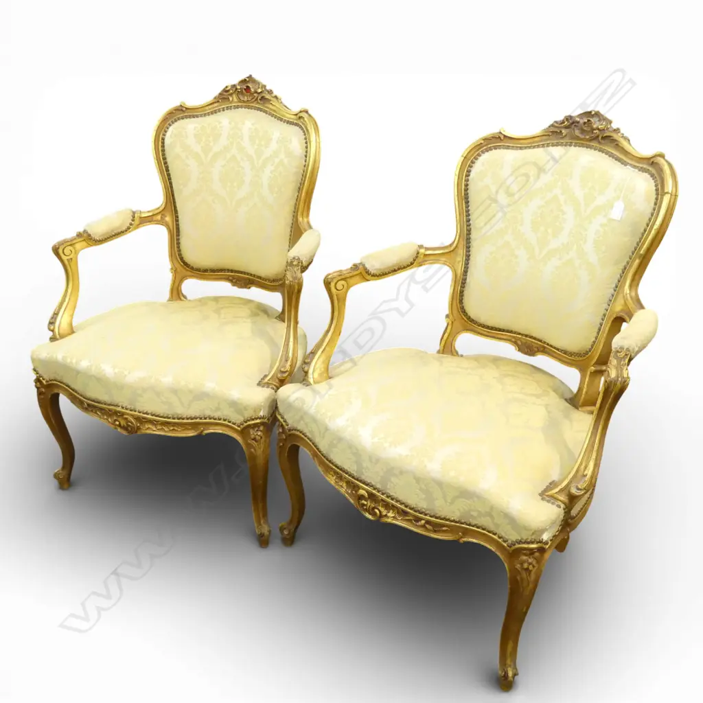 PR 20thC FRENCH ANTIQUE Louis XV STYLE GILTWOOD FAUTEIL ARMCHARMS  Image 1++