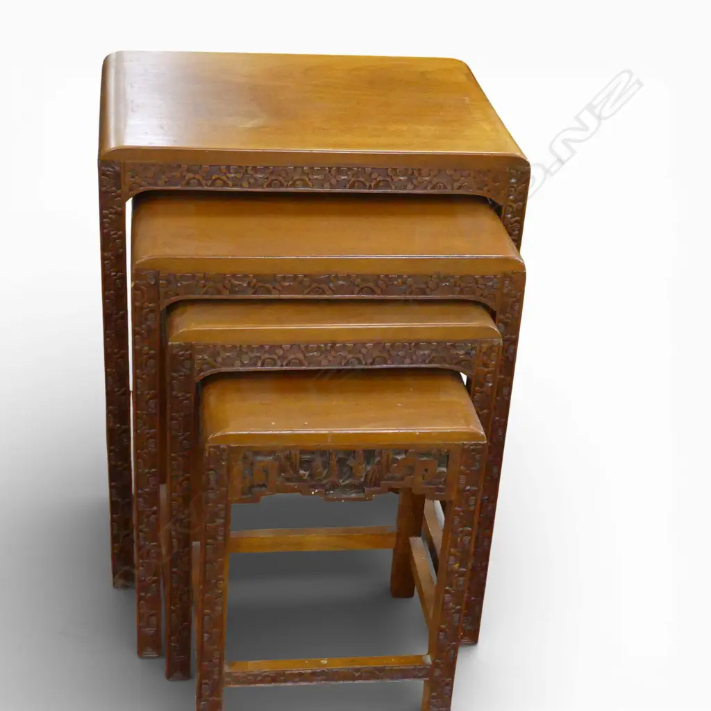 FOUR ORIENTAL CARVED HARDWOOD NESTING TABLES 500 X 350 X 610MM (MINOR MARKS TO TOP) Image 1++