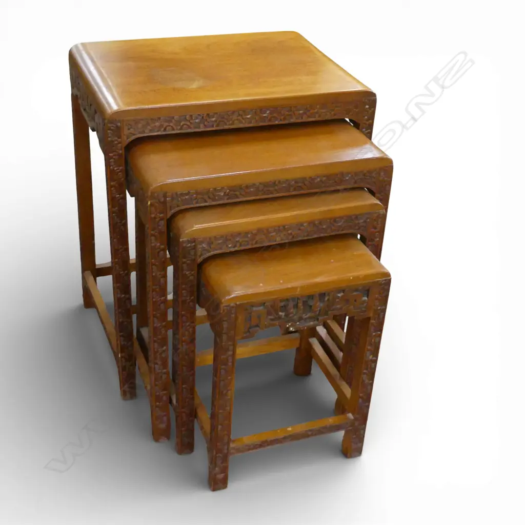 FOUR ORIENTAL CARVED HARDWOOD NESTING TABLES 500 X 350 X 610MM (MINOR MARKS TO TOP) Image 1++