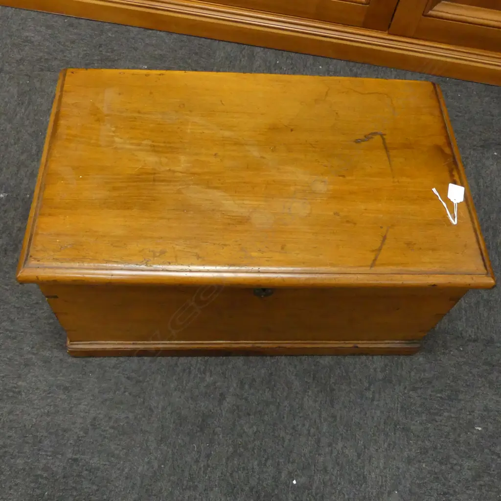 A NZ COLONIAL KAURI HINGED LIDDED STORAGE TRUNK OF COTTAGE PROPORTIONS BRASS SIDE HANDLES W. 680mm Image 1++