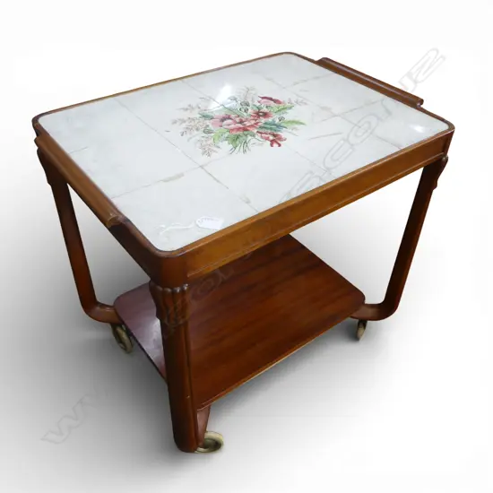 HAND PAINTED FLORAL TILE TOP TROLLEY H.850m