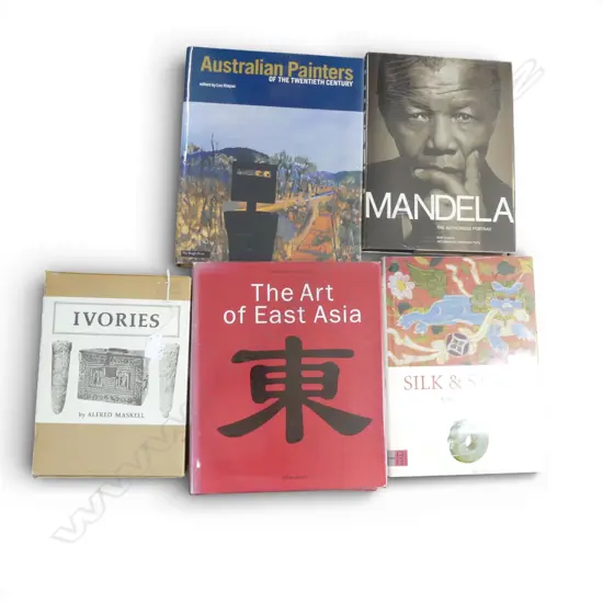 5 BOOKS; IVORIES, 2x ART OF ASIA, AUSTRALIAN PAINTERS, MANDELA