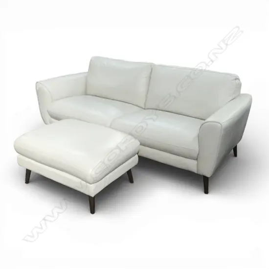 WHITE LEATHER SOFA & OTTOMAN 2000x950x800mm