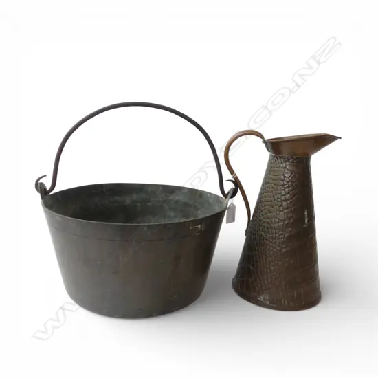 BRASS JAM PAN 295mm dia, COPPER JUG H.280mm