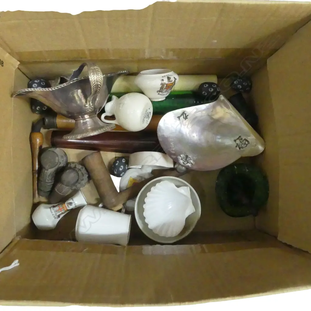 BOX OLD COLLECTABLES: pipes + crested china + glass beads+ mop shell dish etc Image 1++