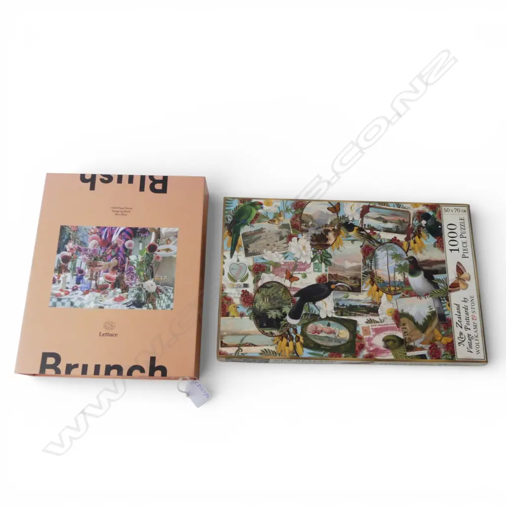 TWO NZ 1000PC JIGSAW PUZZLES NEAR NEW – BLUSH BRUNCH & NZ POSTCARDS Image 1++