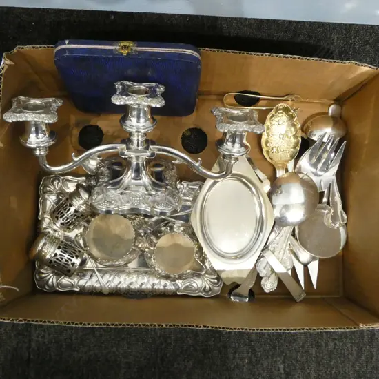 COLLECTION OF SILVER PLATED CUTLERY Incl. CANDELABRA, ART NOUVEAU STYLE PCES etc