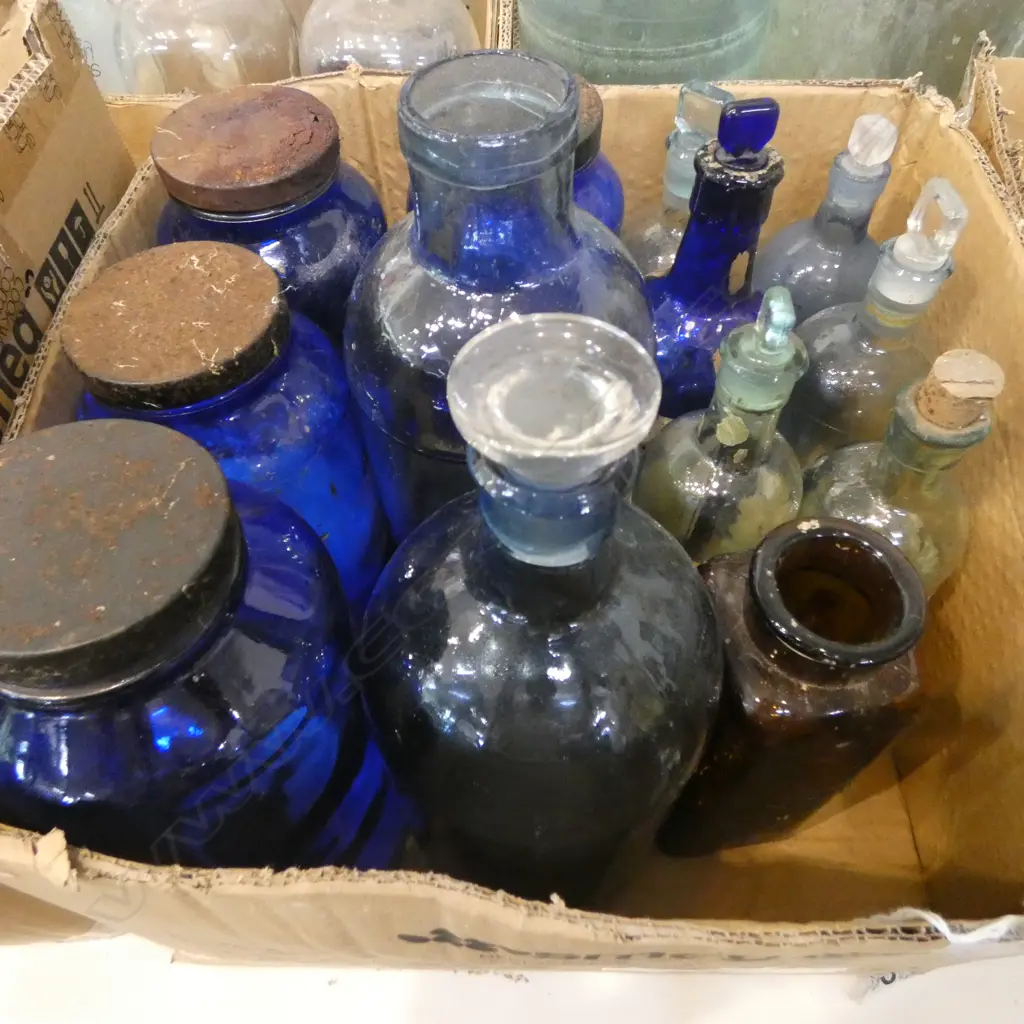 ASST. VINTAGE BLUE GLASS CHEMIST BOTTLES etc Image 1++