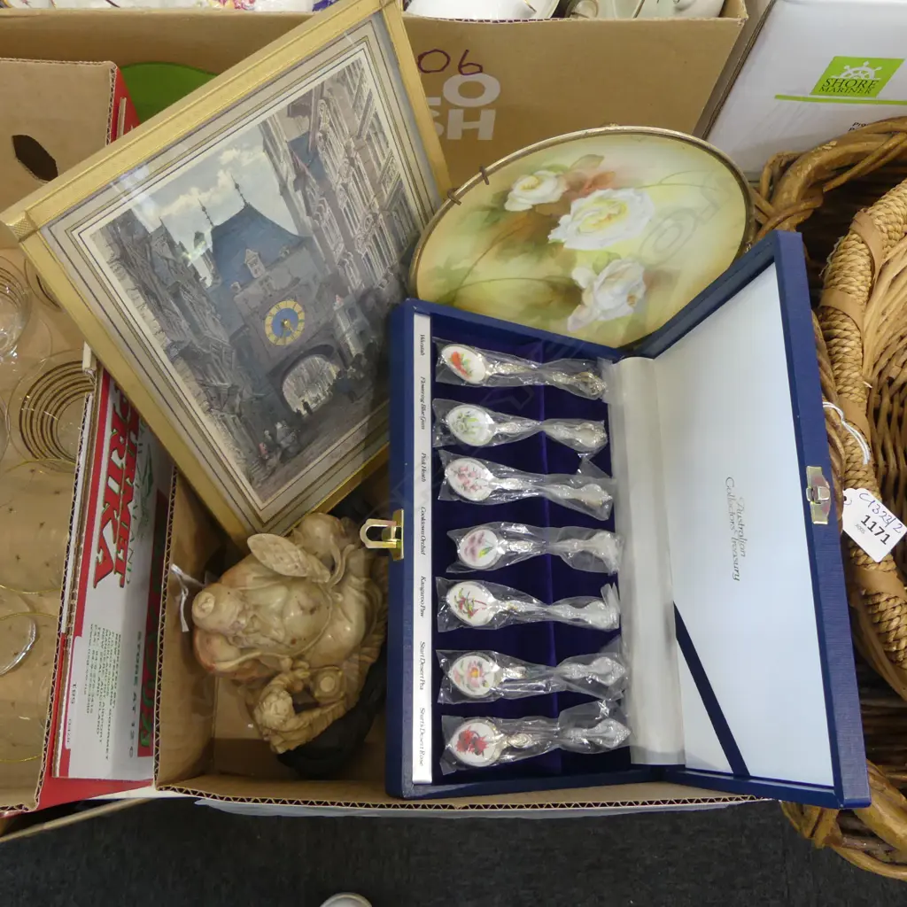 BOXED SOUVENIR SPOONS, FLORAL WALL PLATE, CARVED CHINESE SOAPSTONE FIGURE, TABLE CLOCK  Image 1++