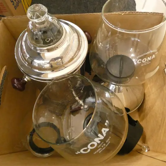 BOX OF COFFEE PERCOLATORS ETC