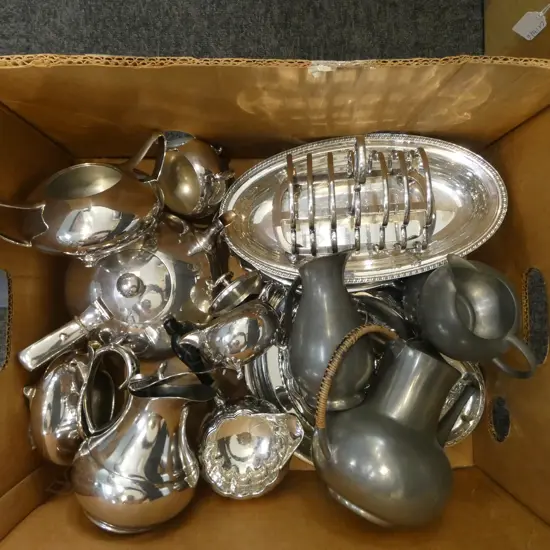 COLLECTION OF SILVER PLATED TRAYS, JUGS, POTS, etc