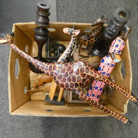 ASST. AFRICAN WOODEN OBJECTS; 2 PRS BOOKENDS, GIRAFFES ETC