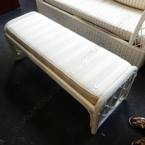 WHITE PAINTED CANE STOOL, UPHOLSTERED TOP 1300x500x500mm