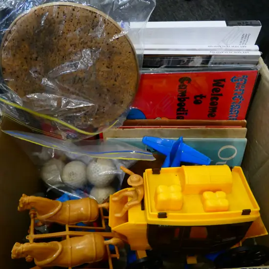 ASST. TOYS, ART MAGAZINES, 1920s G. R. MALLEYS CORK FACED TABLE TENNIS BAT, TIN TIN ARTWORKS ETC 