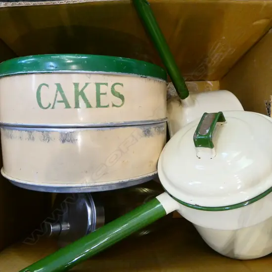 BOX OF VINTAGE KITCHENALIA ENAMEL POT  CAKE TIN  & COCKTAIL SHAKER