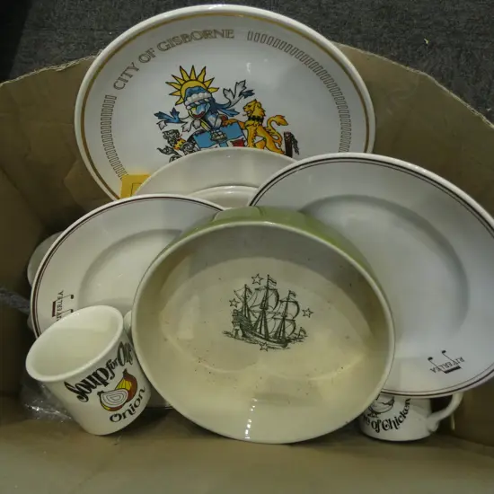 BOX OF CROWN LYNN HOTEL & OTHER CHINA: 'Riverlea' + 'City of Gisborne'  etc