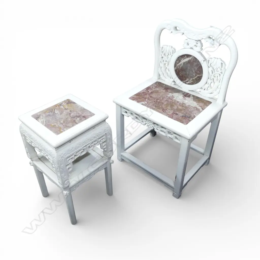 ORIENTAL WHITE PAINTED CHAIR & SIDE TABLE Image 1++