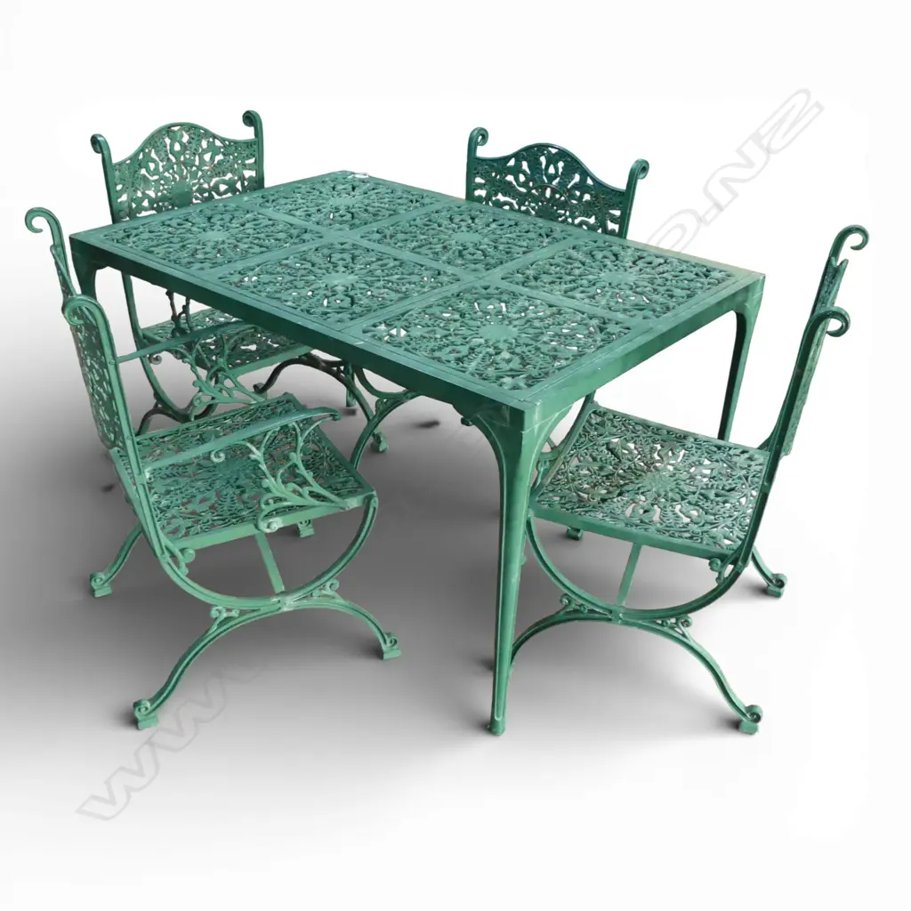 ENDERSLEY GREEN PAINTED CAST ALLUMINIUM OUTDOOR TABLE & 4 CHAIRS (2 arm chairs + 2 side chairs) Image 1++