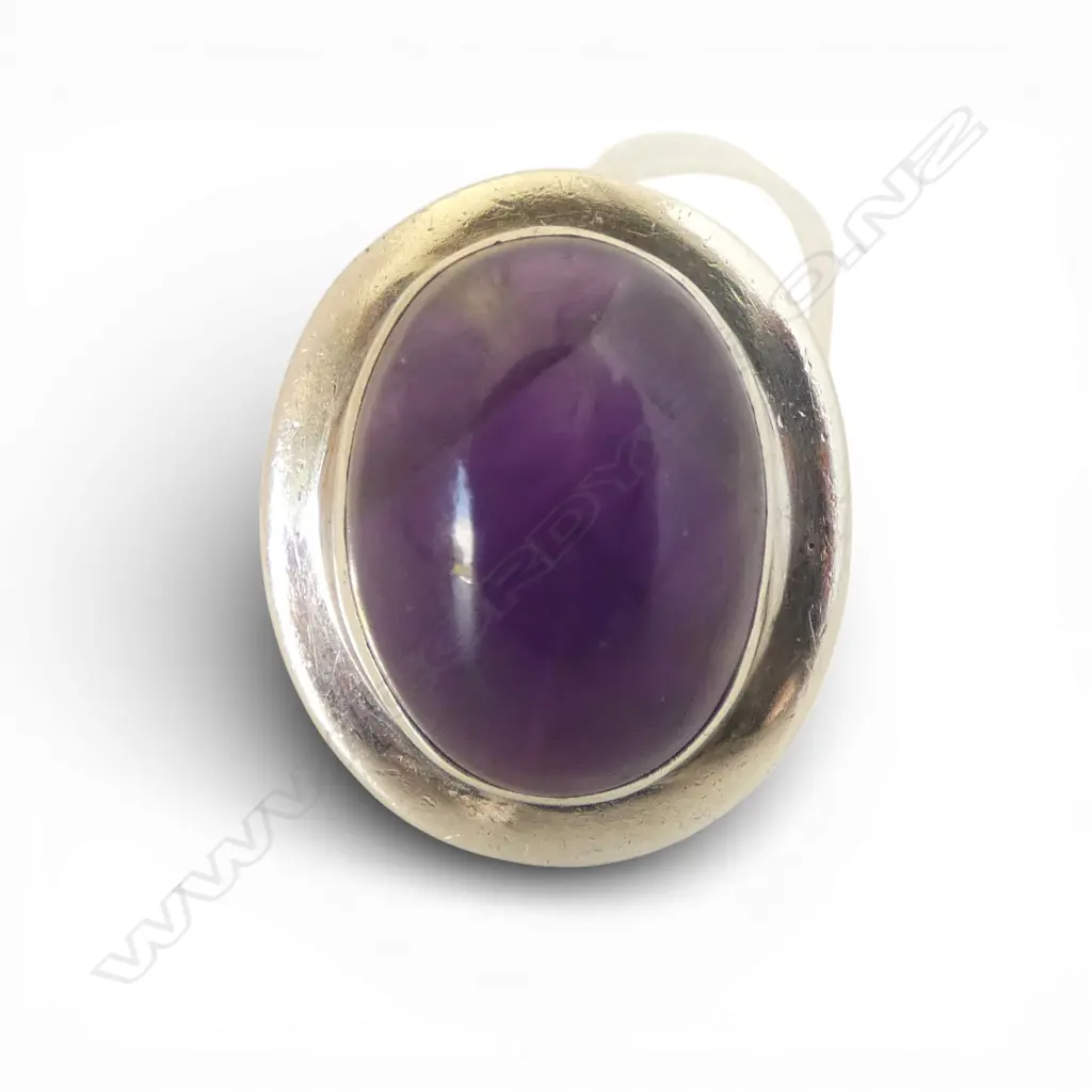 Modern chunky designer Stg silver & lge cabochon amethyst ring plain wide flat border Image 1++